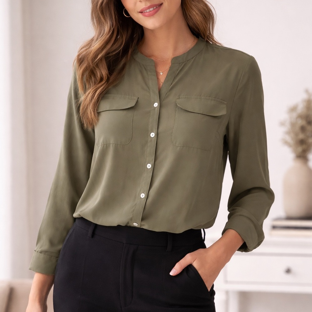Chico's Olive Green Button-Front Shirt Blouse